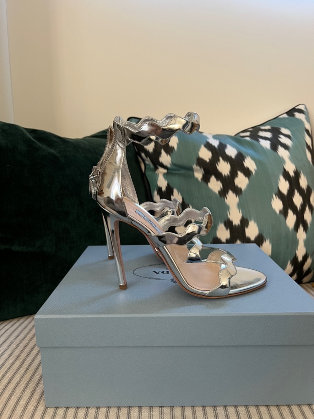 PRADA Silver Metallic Wavy Strap High Heel Sandals BNIB